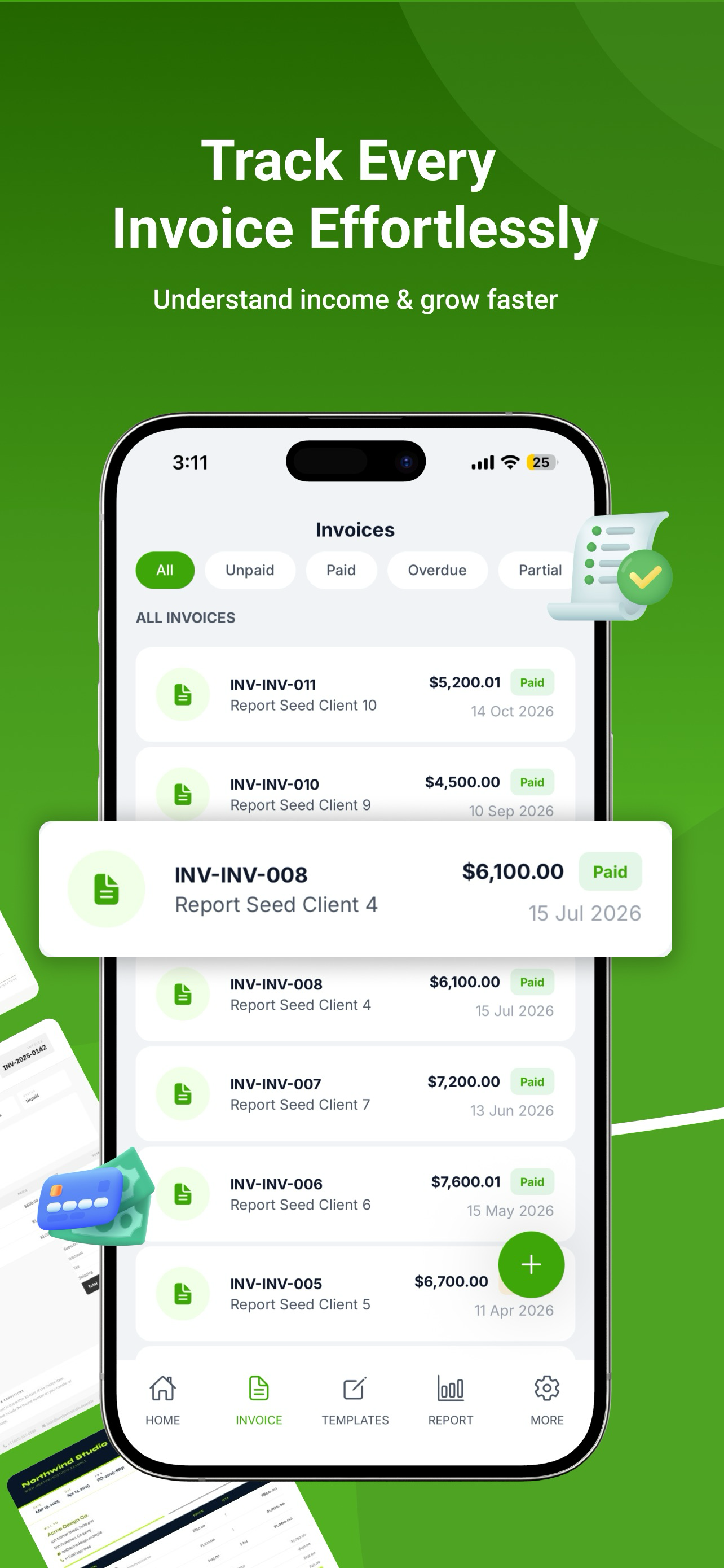 Invoiso invoice list screen with All, Unpaid, Paid, Overdue and Partial filters for tracking every invoice