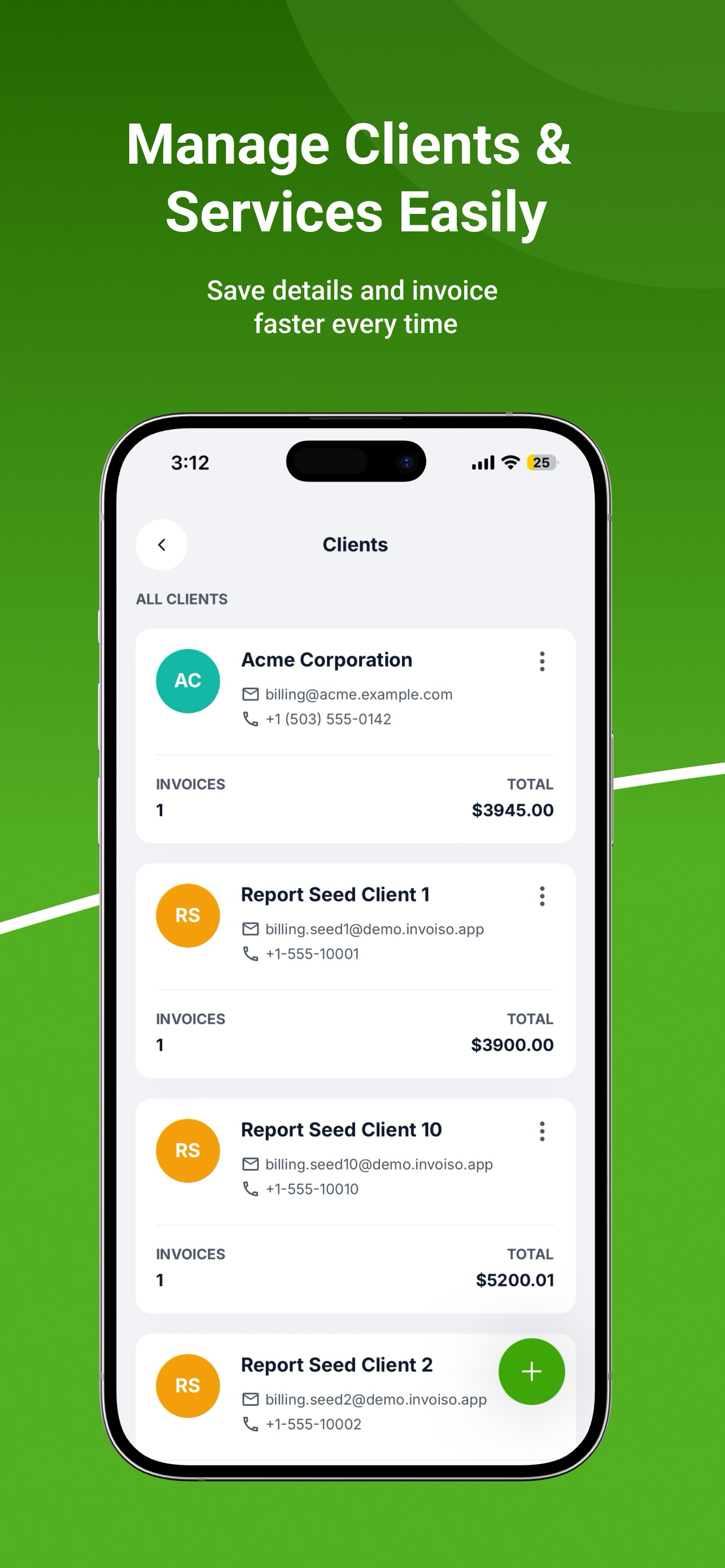 Invoiso client management screen with saved contacts, emails and per-client invoice totals