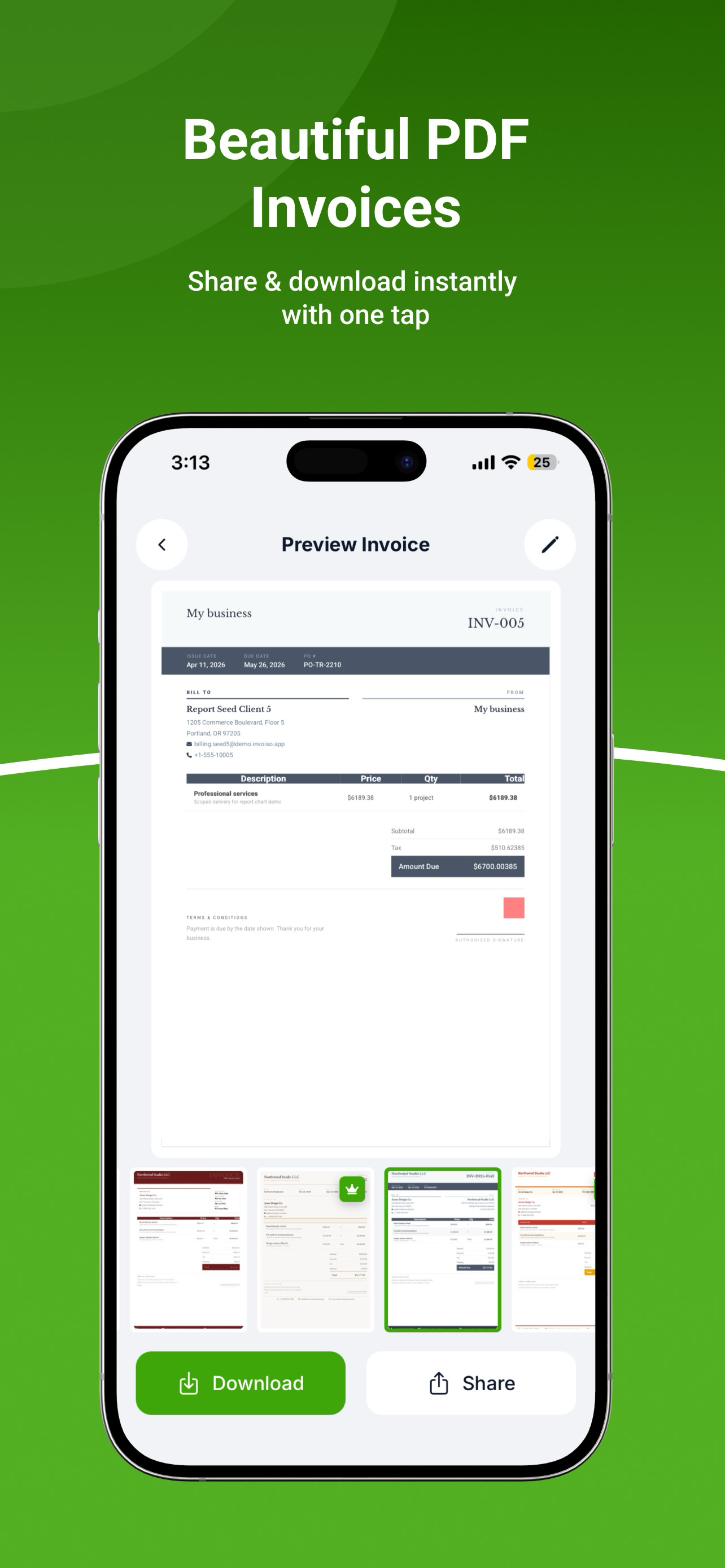 Invoiso PDF invoice preview screen with template picker plus download and share buttons