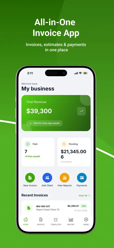 Invoiso iPad home dashboard showing total revenue, paid and pending invoices, and quick actions